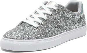 Bernal Women Glitter Sneakers Fashion Shiny Sparkle Sneakers Lightweight Rubber Outsole Non Slip Lace Up Walking Shoes