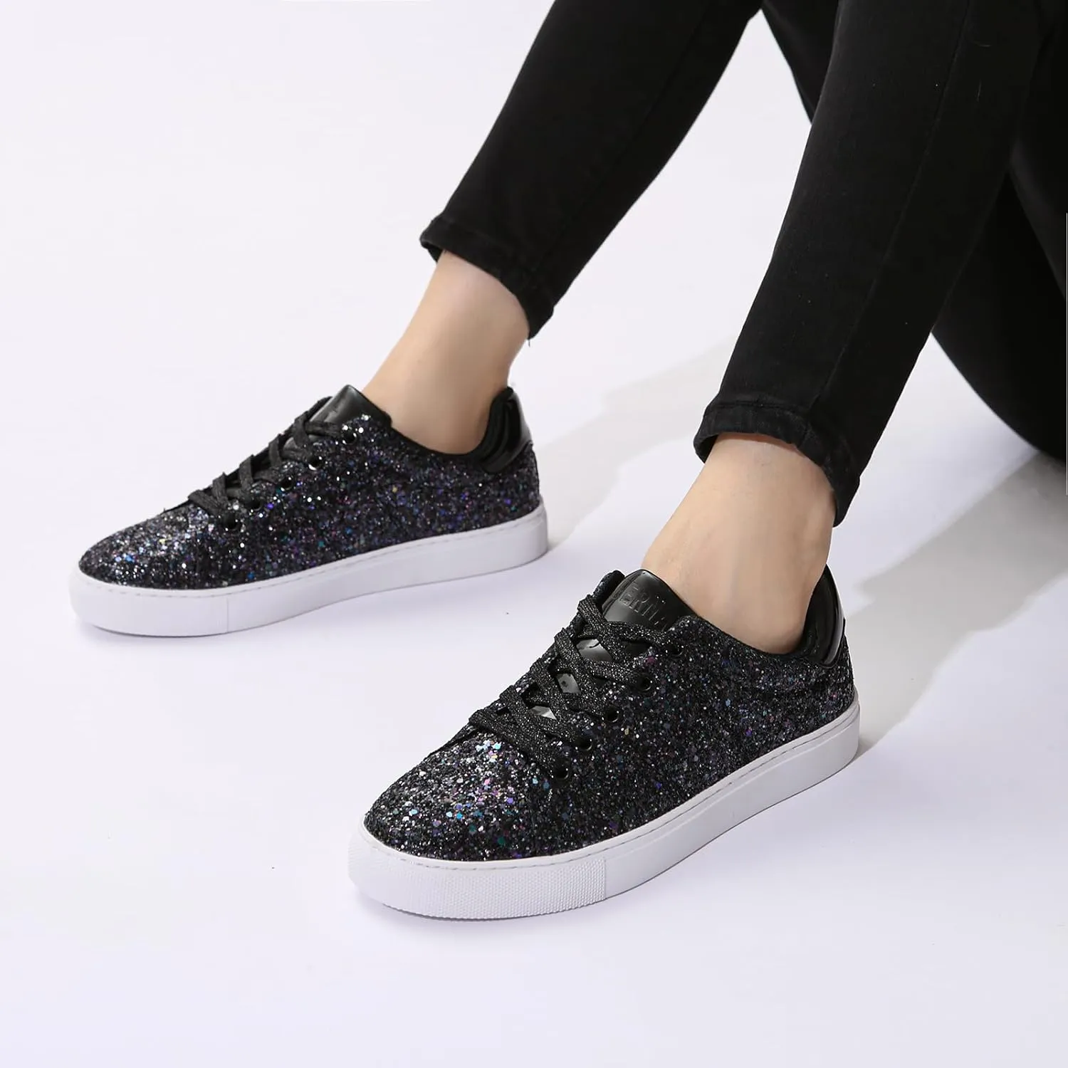 Bernal Women Glitter Sneakers Fashion Shiny Sparkle Sneakers Lightweight Rubber Outsole Non Slip Lace Up Walking Shoes