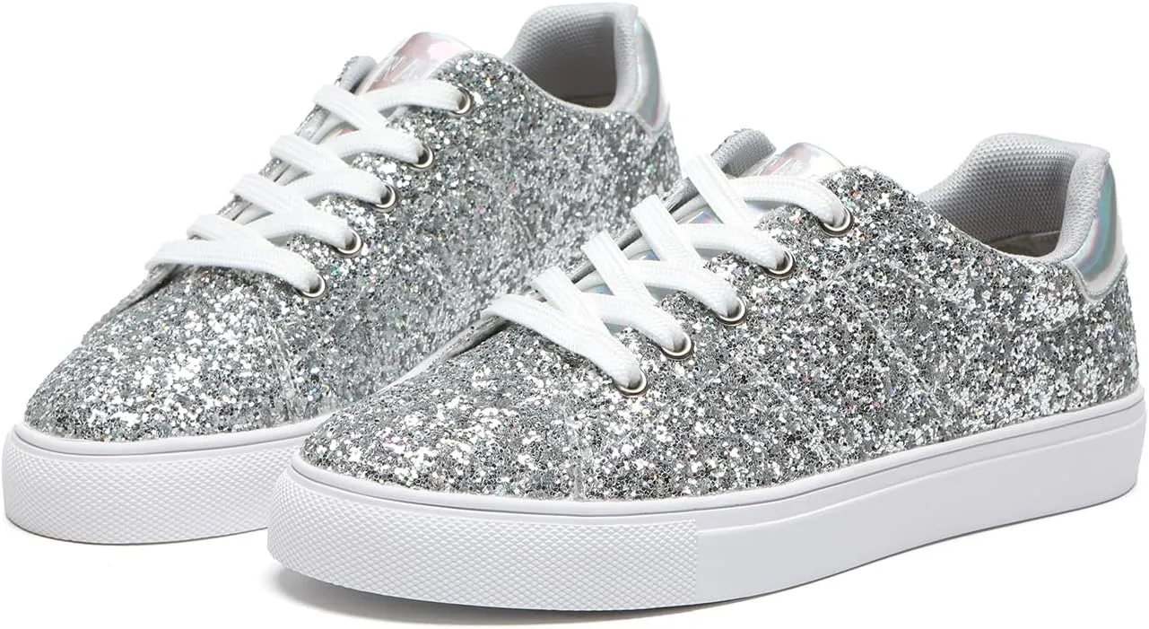 Bernal Women Glitter Sneakers Fashion Shiny Sparkle Sneakers Lightweight Rubber Outsole Non Slip Lace Up Walking Shoes