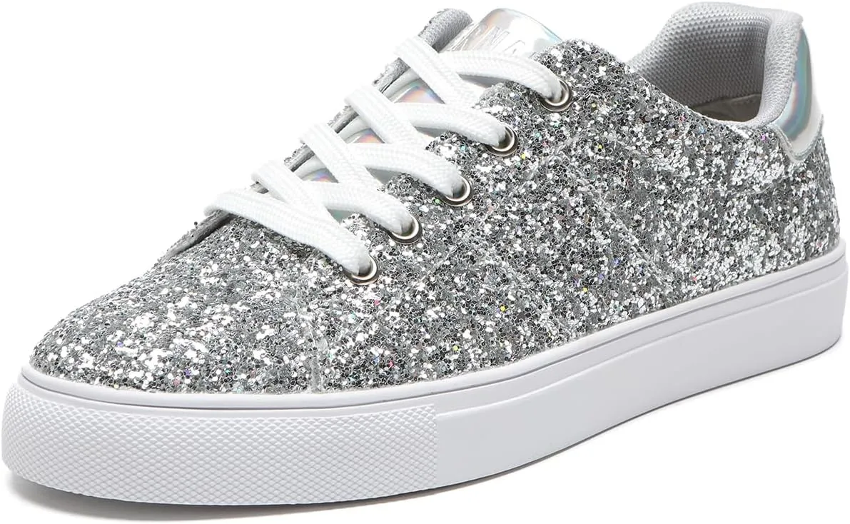 Bernal Women Glitter Sneakers Fashion Shiny Sparkle Sneakers Lightweight Rubber Outsole Non Slip Lace Up Walking Shoes
