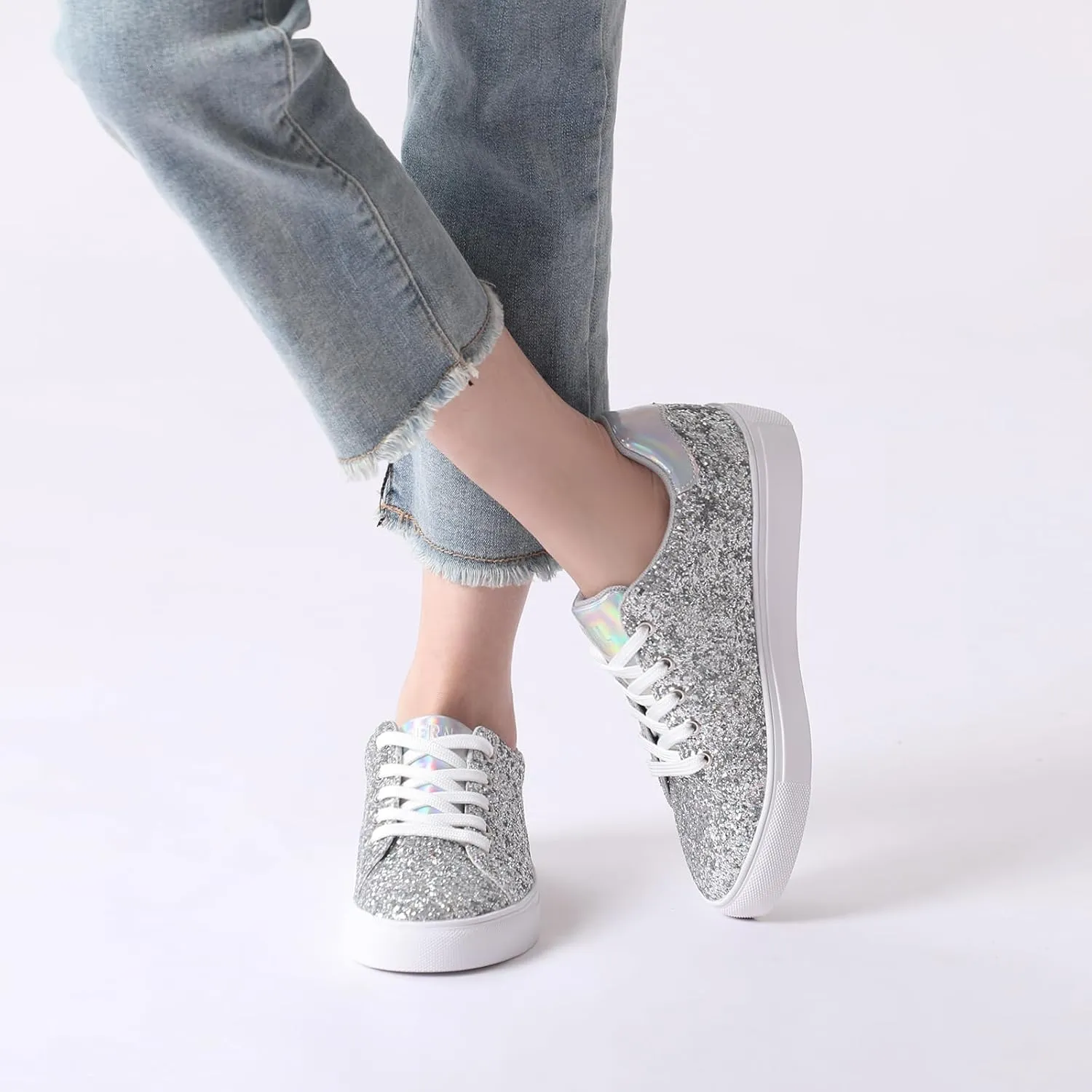 Bernal Women Glitter Sneakers Fashion Shiny Sparkle Sneakers Lightweight Rubber Outsole Non Slip Lace Up Walking Shoes