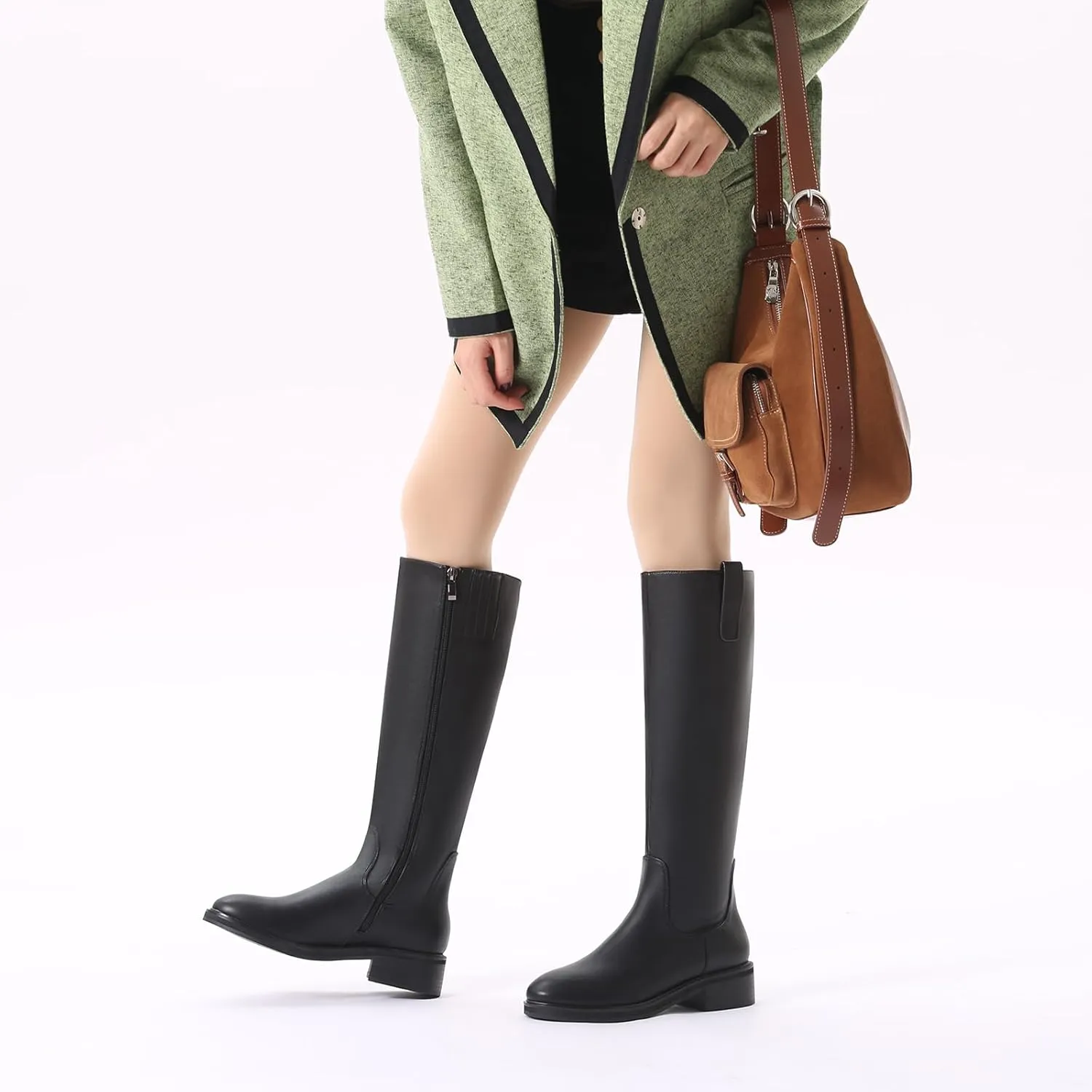 Bernal Women's Knee High Boots Side Zipper Low Chunky Heel Boots Comfortable Classic Round Toe Boots Riding Boots for Ladies Fall Winter