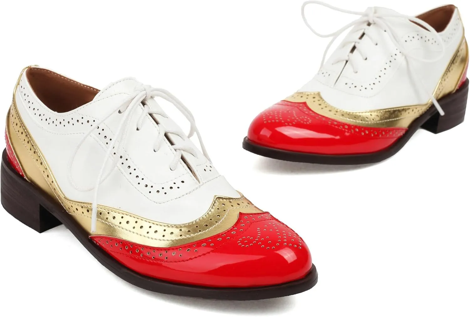 Betastella Womens Vintage Lace Up Wingtip Oxfords Brogue Oxford Shoes Chunky Low Heel Round Toe Pumps Shoes