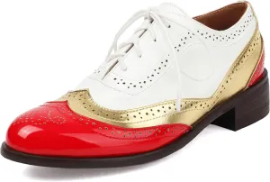 Betastella Womens Vintage Lace Up Wingtip Oxfords Brogue Oxford Shoes Chunky Low Heel Round Toe Pumps Shoes