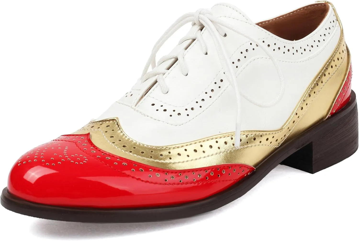 Betastella Womens Vintage Lace Up Wingtip Oxfords Brogue Oxford Shoes Chunky Low Heel Round Toe Pumps Shoes