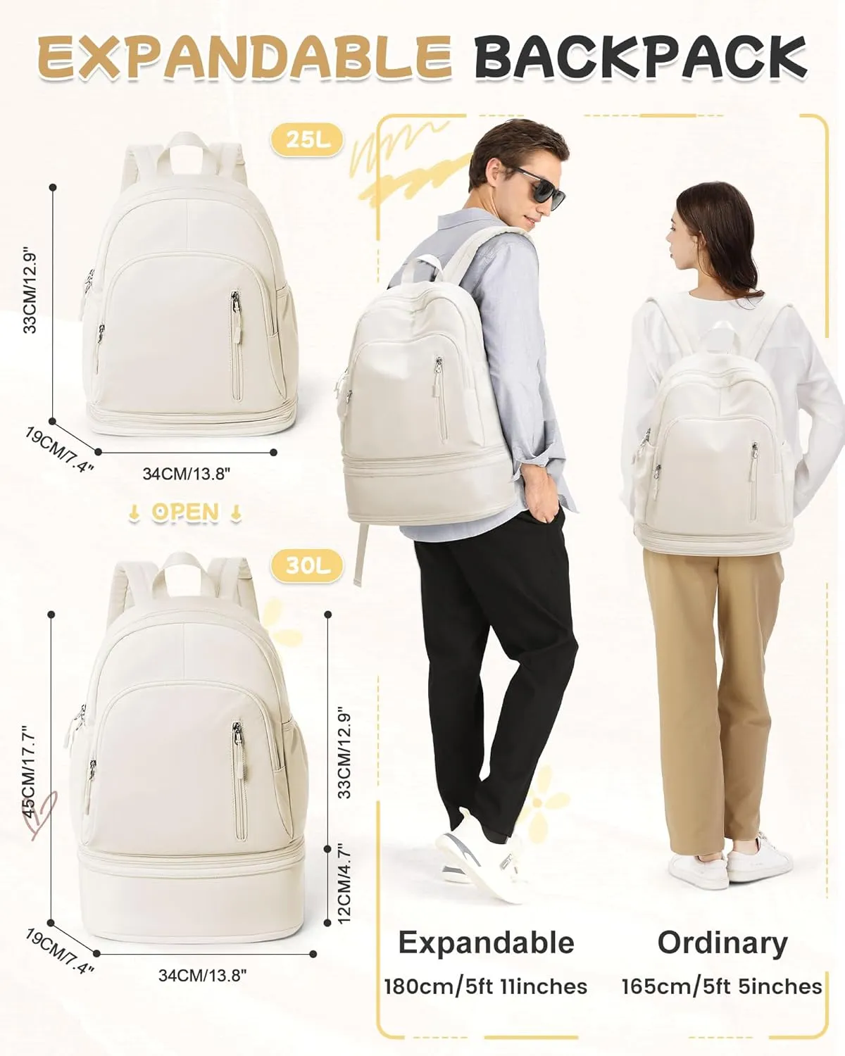 BJLFS Gym Backpack for Women Foldable Outdoor Weekender Gym Bag with Shoe Compartment & Wet Pocket, Waterproof Sports Backpack, Dance Back Pack & Yoga Track Bag-Beige