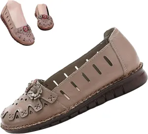 BlackeEight Women's Leather Loafers Flats Sandals,Summer Comfort Closed Toe Vintage Flowers Slip-on Ox Softsole Dress Casual Shoes