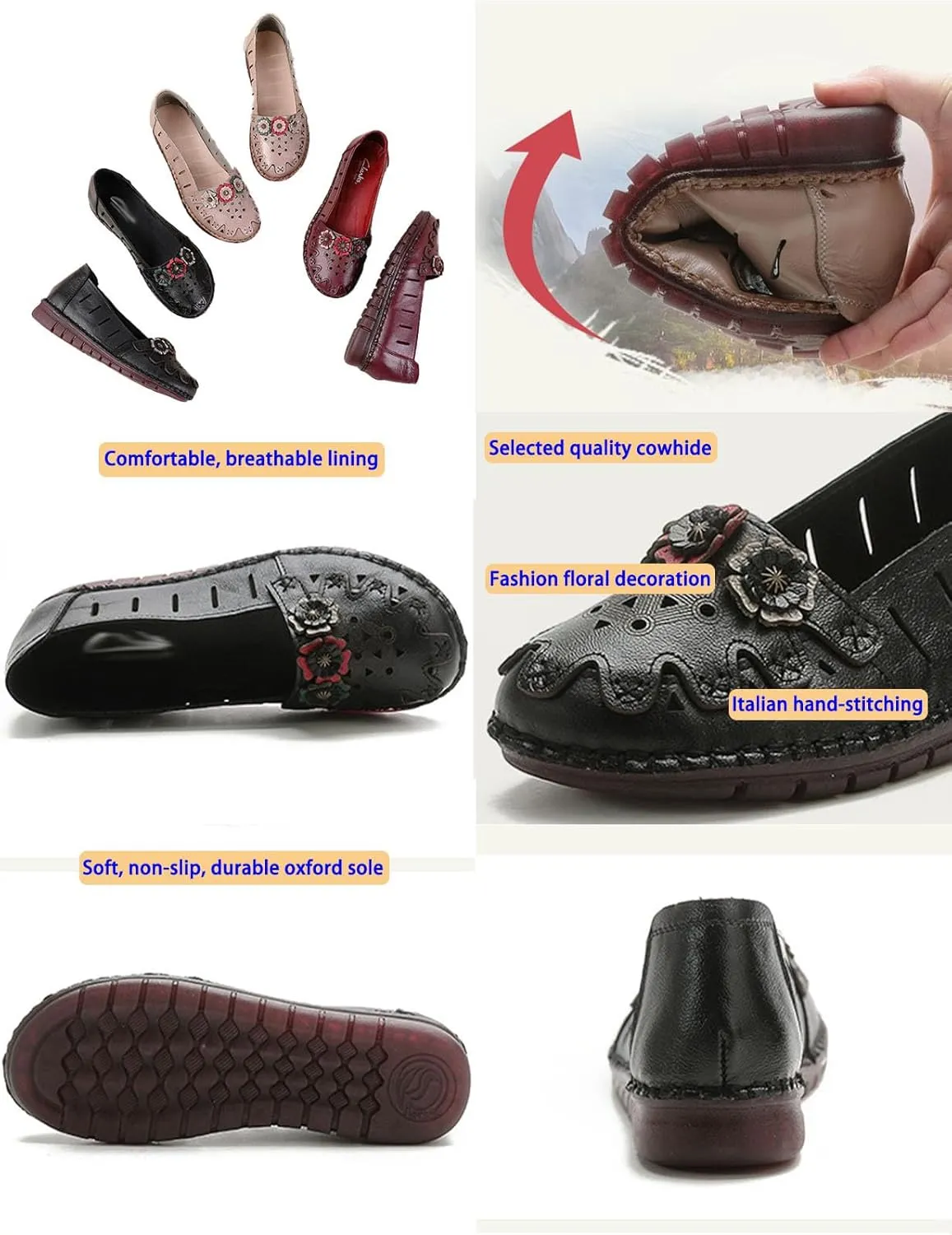 BlackeEight Women's Leather Loafers Flats Sandals,Summer Comfort Closed Toe Vintage Flowers Slip-on Ox Softsole Dress Casual Shoes