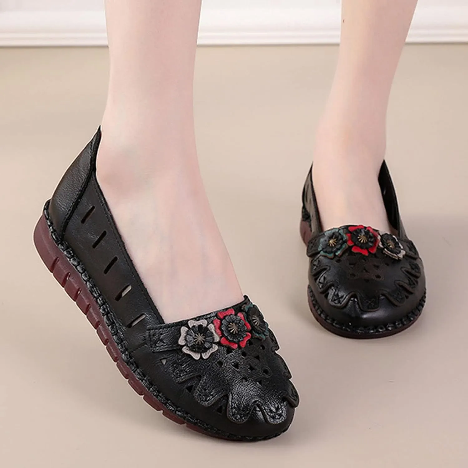 BlackeEight Women's Leather Loafers Flats Sandals,Summer Comfort Closed Toe Vintage Flowers Slip-on Ox Softsole Dress Casual Shoes