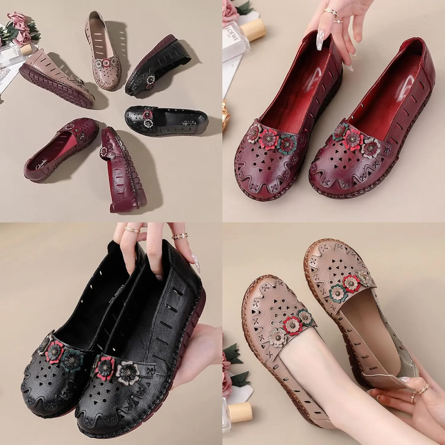BlackeEight Women's Leather Loafers Flats Sandals,Summer Comfort Closed Toe Vintage Flowers Slip-on Ox Softsole Dress Casual Shoes