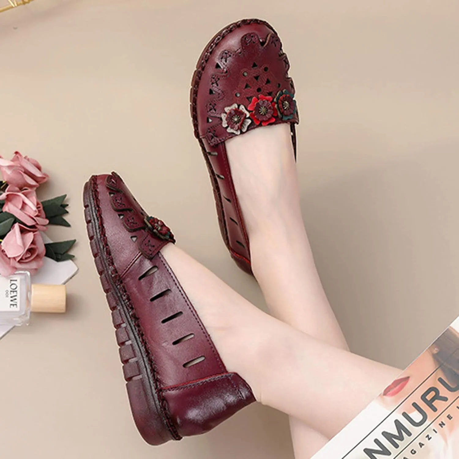 BlackeEight Women's Leather Loafers Flats Sandals,Summer Comfort Closed Toe Vintage Flowers Slip-on Ox Softsole Dress Casual Shoes