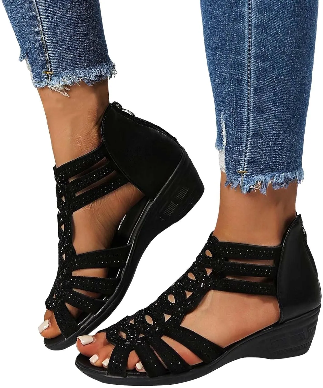 Block Heel Sandals for Women,Chunky Wedge Heels Dressy Summer Rhinestones Cut Out Stacked Side Hollow Comfortable Open Toe Studded Sandals Back Zipper Ankle Strap Outdoor Party Shoes