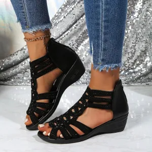Block Heel Sandals for Women,Chunky Wedge Heels Dressy Summer Rhinestones Cut Out Stacked Side Hollow Comfortable Open Toe Studded Sandals Back Zipper Ankle Strap Outdoor Party Shoes