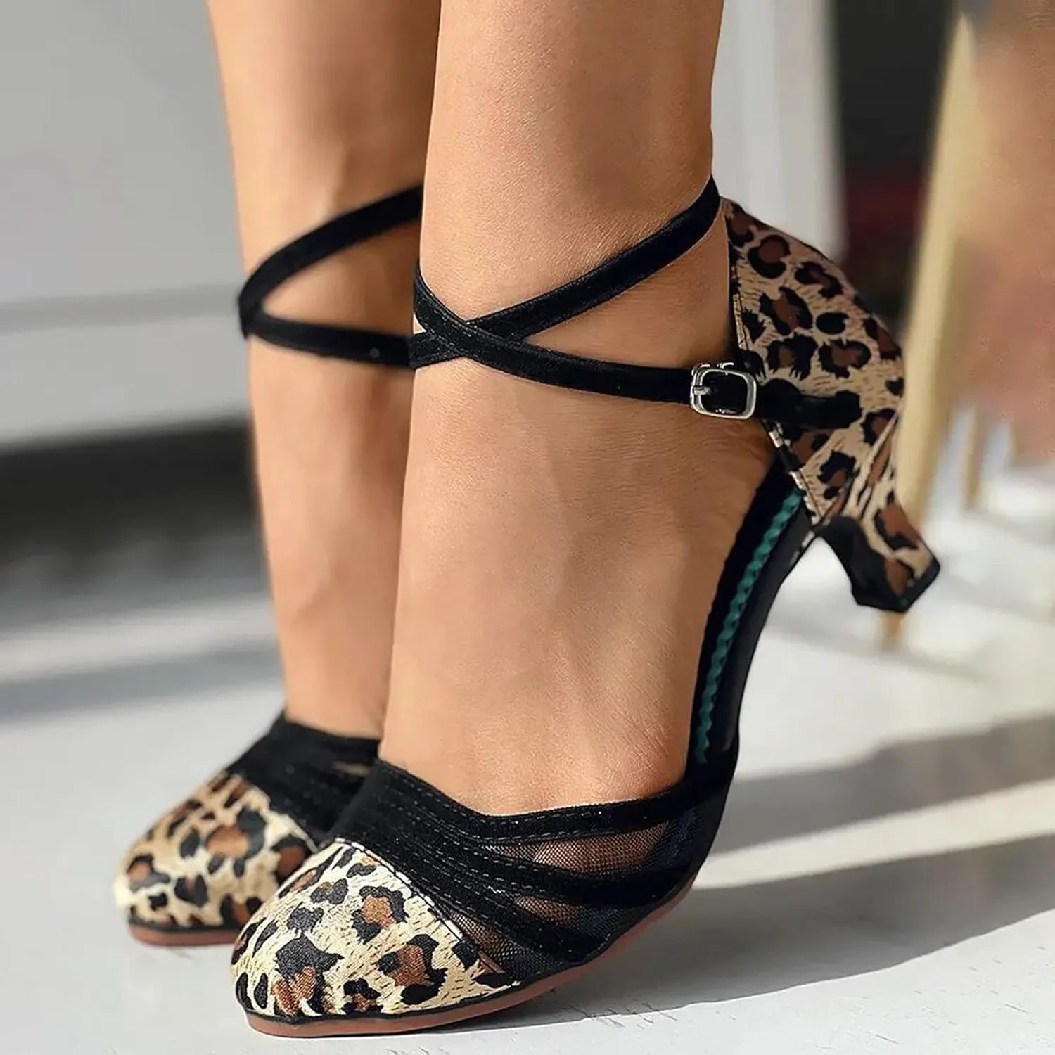 Block Heels for Women Latin Dance Shoes Chunky Heeled Ballroom Tango Strappy Heels Party Sequin Dance Shoes