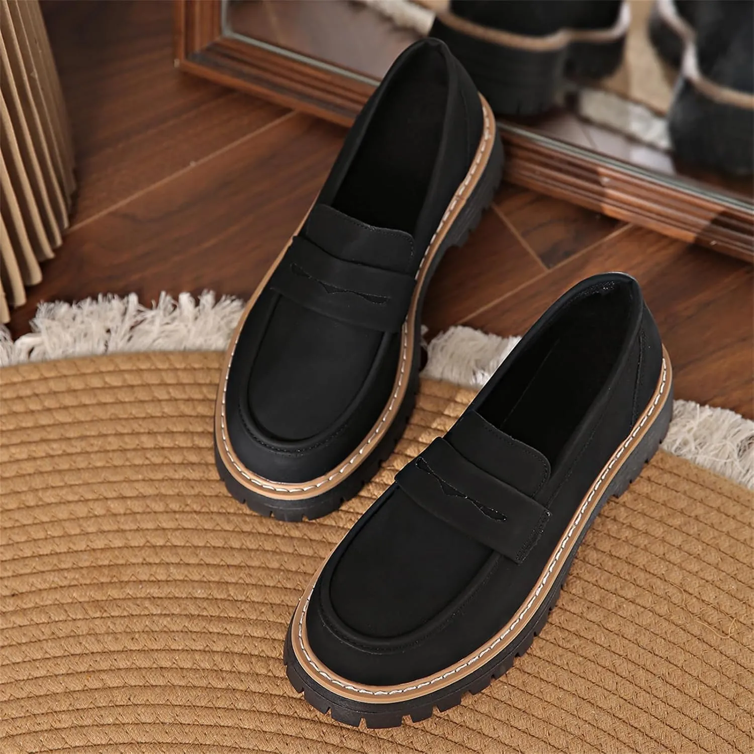 Bootara Loafers Women, Bootara Women's Plus Size Casual Retro Suede Loafers with Chunky Heel Platform