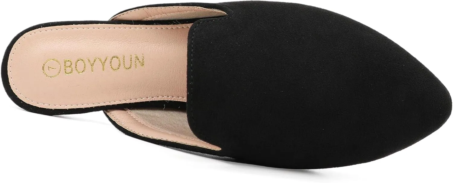 BOYYOUN Mules for Women Comfortable Slip On Backless Flats Pointed Toe Loafers for Work and Casual Wear Low Heel Closed Shoes Womens Mule