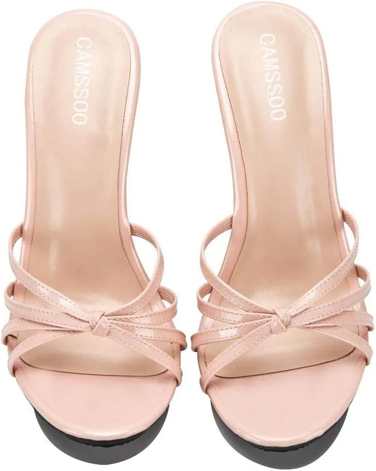 CAMSSOO Women's Platform Heeled Mules Stiletto Sandals Round Open Toe Slip On Dress Sexy Party Backless Slides High Heels Slipper