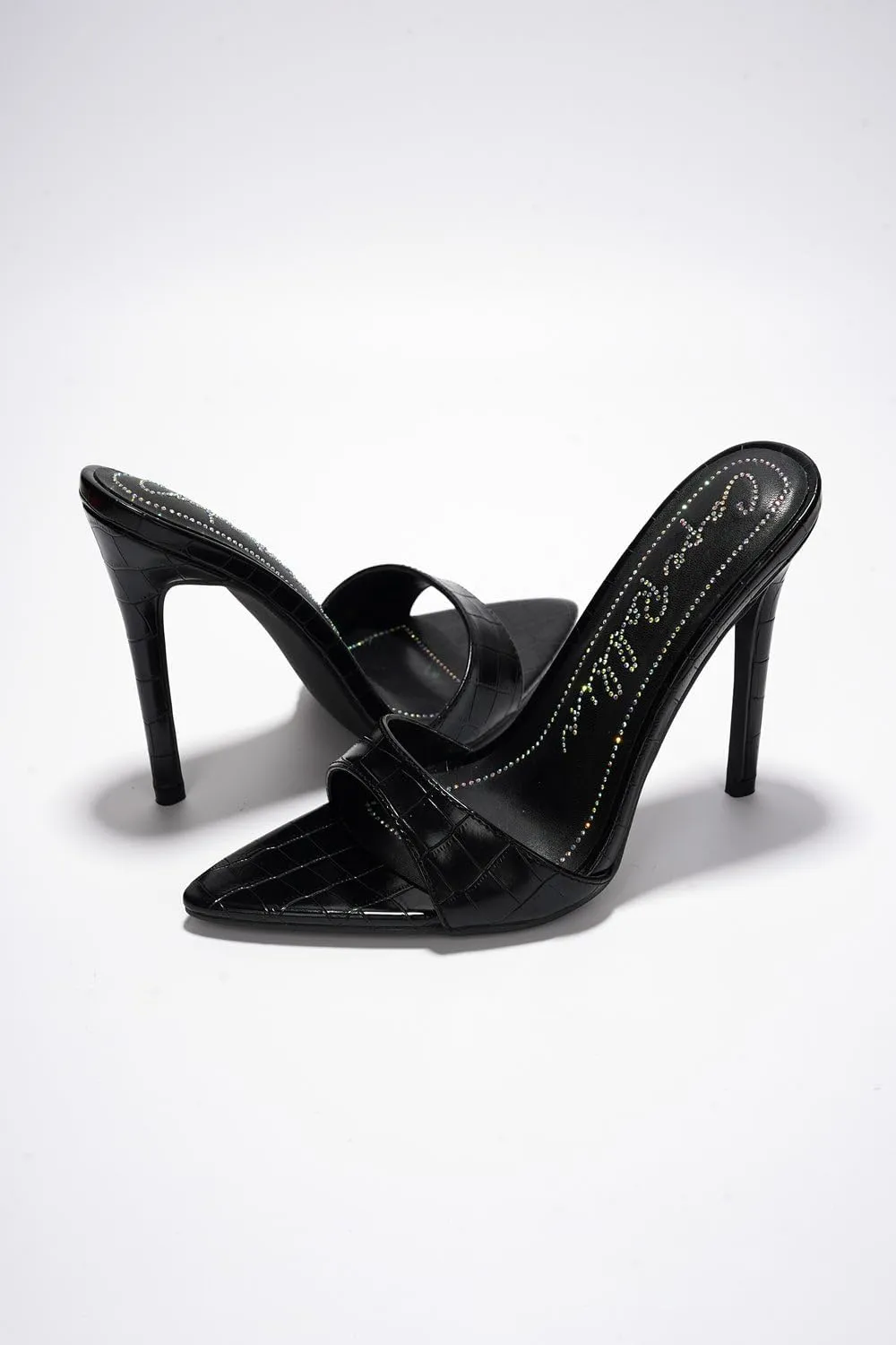 Cape Robbin Women's Holly Faux Crocodile Minimalist High Heeled Mules Pointy Toe Stiletto Heels.