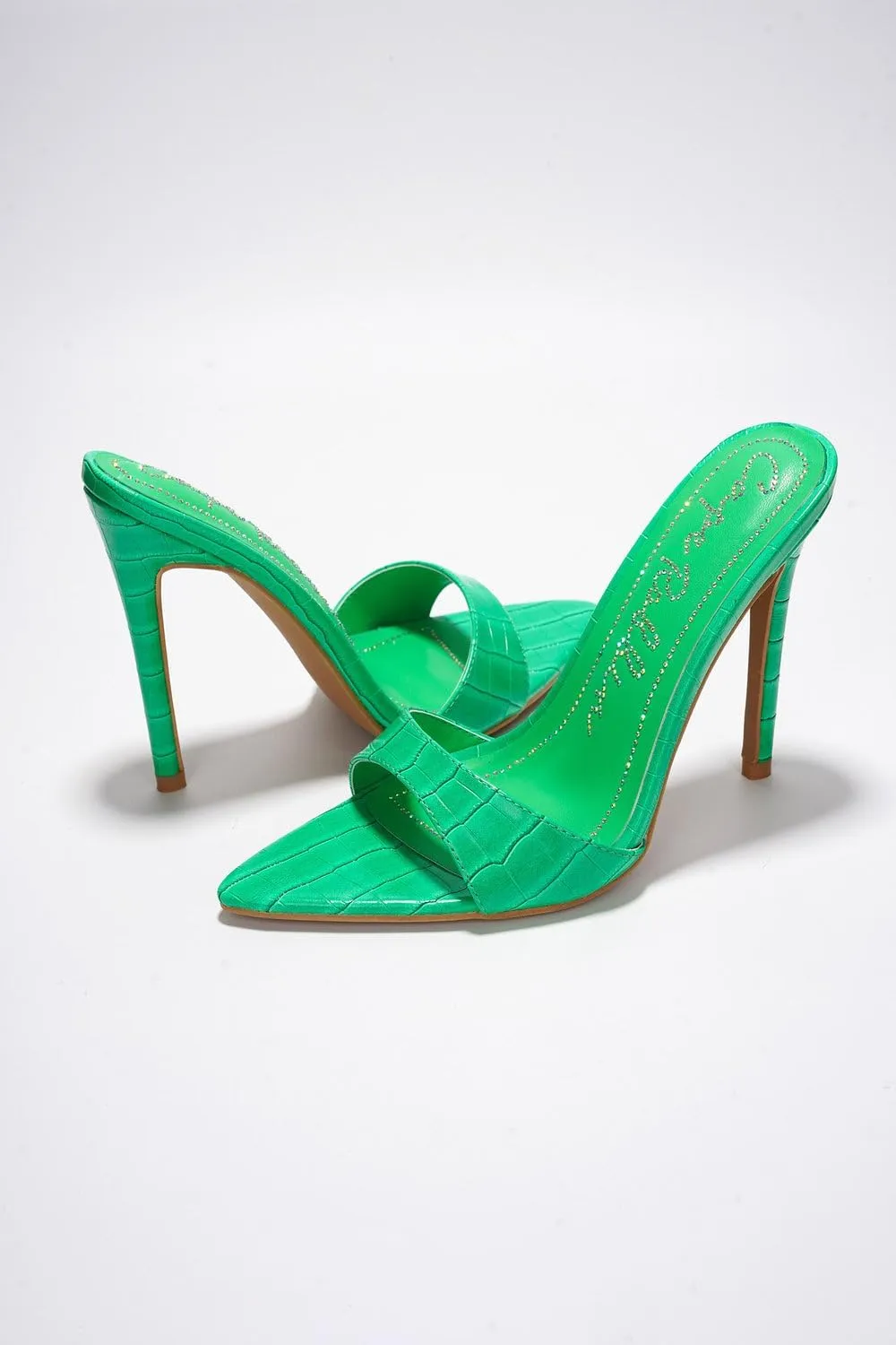 Cape Robbin Women's Holly Faux Crocodile Minimalist High Heeled Mules Pointy Toe Stiletto Heels.