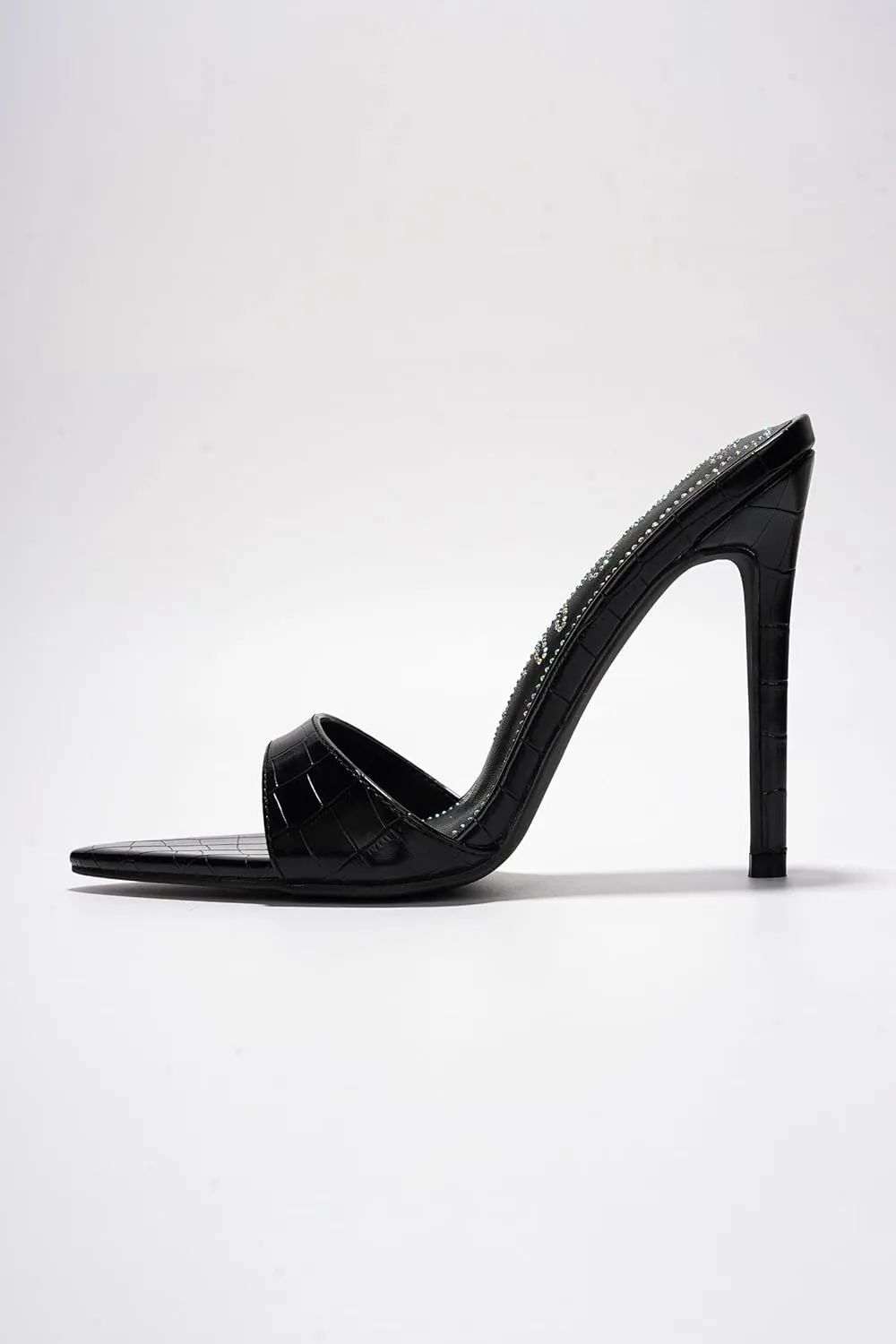 Cape Robbin Women's Holly Faux Crocodile Minimalist High Heeled Mules Pointy Toe Stiletto Heels.