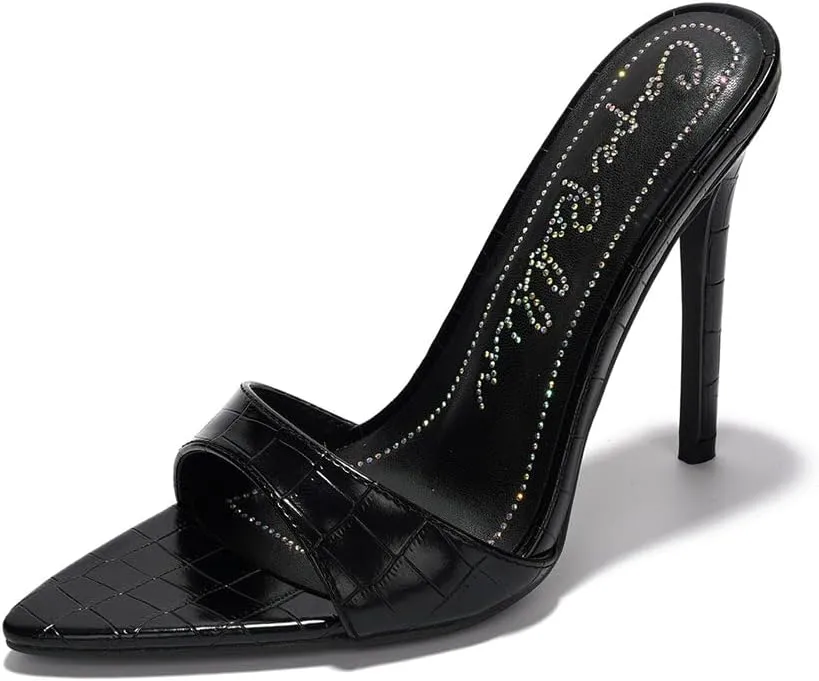 Cape Robbin Women's Holly Faux Crocodile Minimalist High Heeled Mules Pointy Toe Stiletto Heels.
