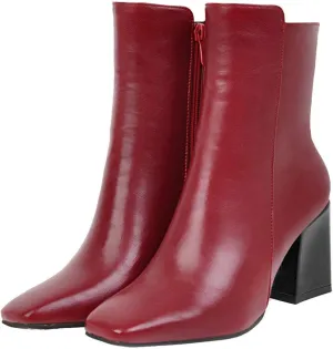Caradise Womens High Chunky Heeled Boots Zip Up Square Toe Ankle Booties
