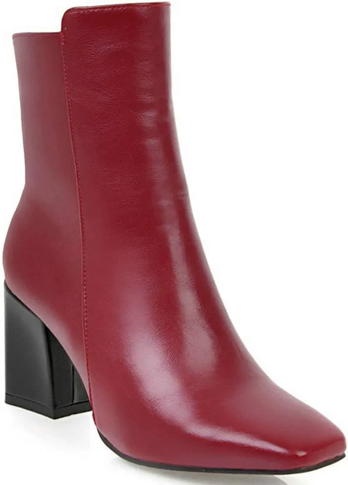 Caradise Womens High Chunky Heeled Boots Zip Up Square Toe Ankle Booties