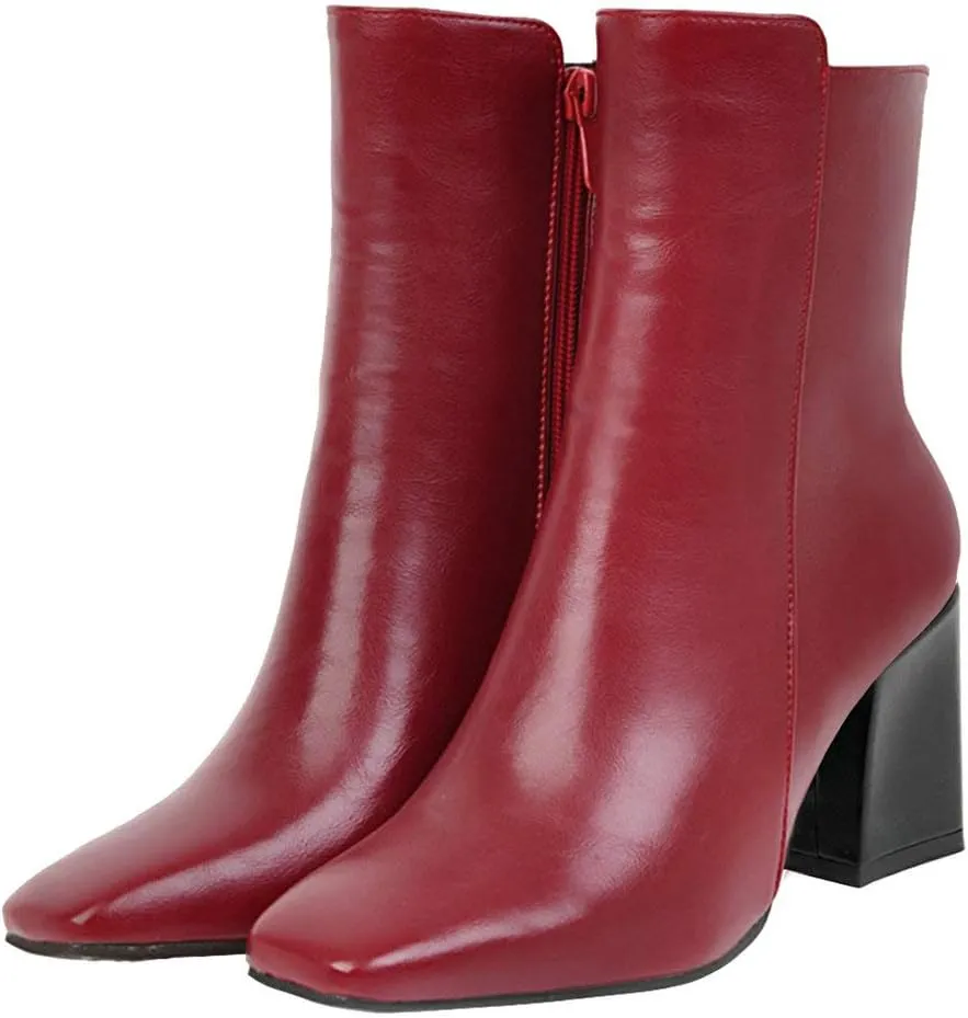 Caradise Womens High Chunky Heeled Boots Zip Up Square Toe Ankle Booties