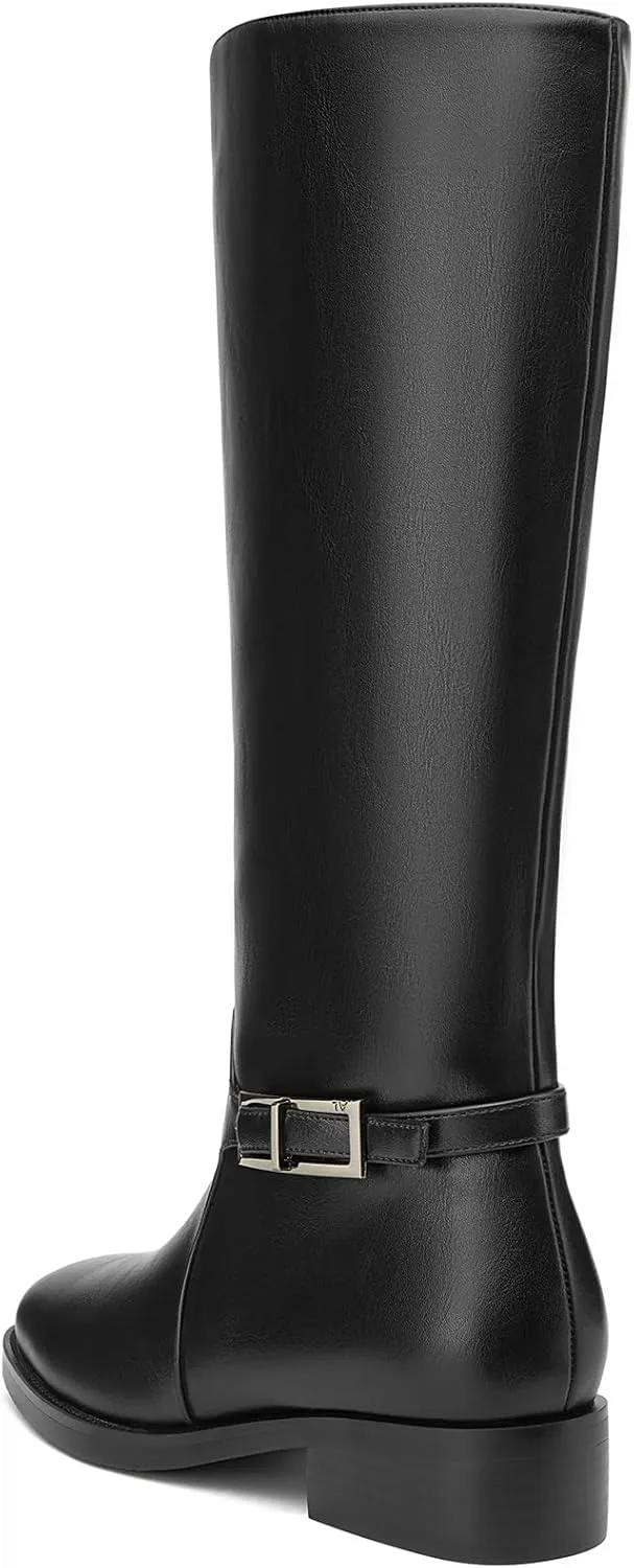 Castamere Riding Boots for Women Knee High Round Toe Low Chunky Block Heel Metal Buckle Fashion Slip-on Tall Long Boots Mid Calf Boots 1.4 Inches