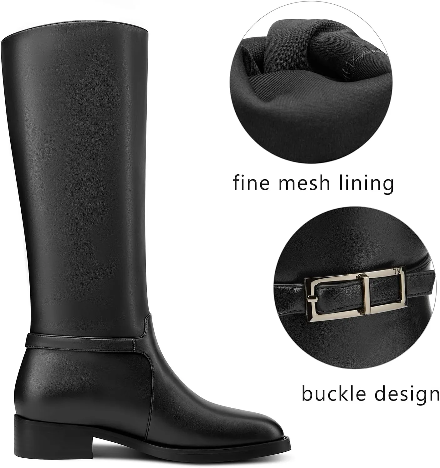 Castamere Riding Boots for Women Knee High Round Toe Low Chunky Block Heel Metal Buckle Fashion Slip-on Tall Long Boots Mid Calf Boots 1.4 Inches