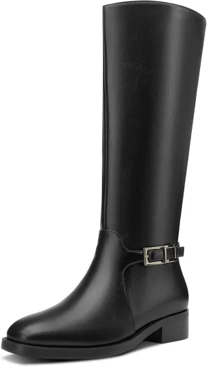 Castamere Riding Boots for Women Knee High Round Toe Low Chunky Block Heel Metal Buckle Fashion Slip-on Tall Long Boots Mid Calf Boots 1.4 Inches