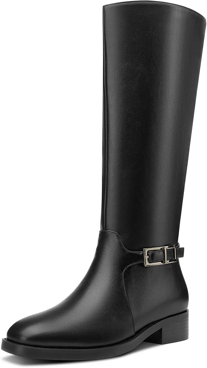 Castamere Riding Boots for Women Knee High Round Toe Low Chunky Block Heel Metal Buckle Fashion Slip-on Tall Long Boots Mid Calf Boots 1.4 Inches