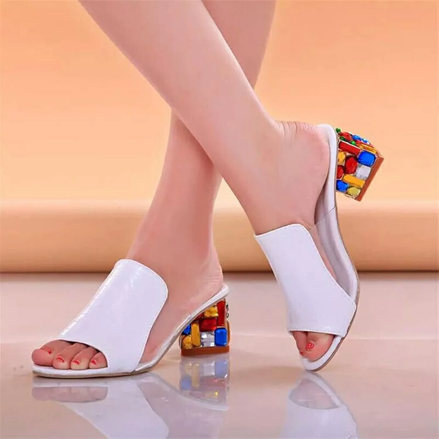 Casual Shoes Women's Gemstone High Heel Sandals Casual Slides Open Toe Open Toe Sandals Summer Shoes (White, 7)