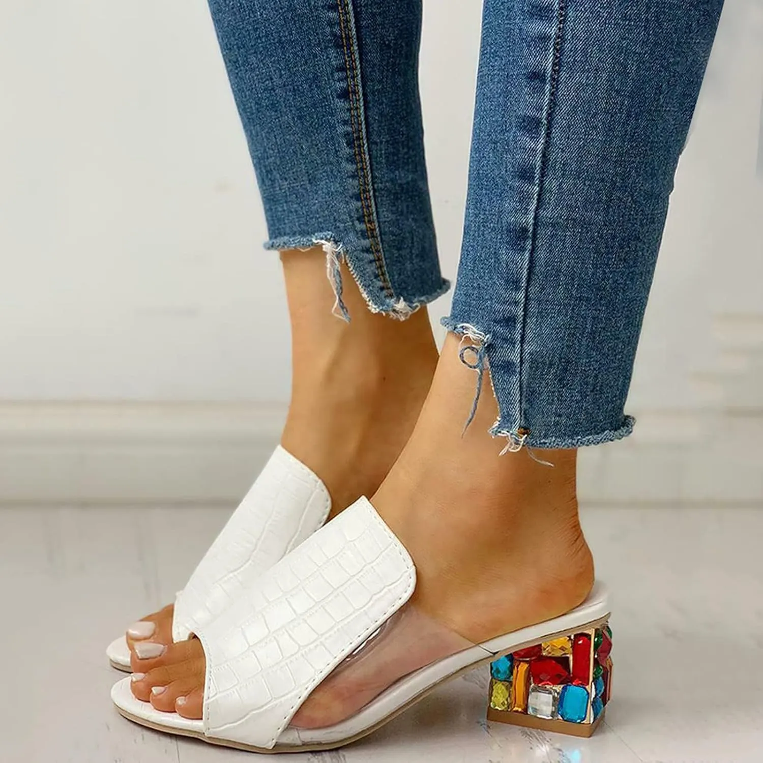 Casual Shoes Women's Gemstone High Heel Sandals Casual Slides Open Toe Open Toe Sandals Summer Shoes (White, 9)
