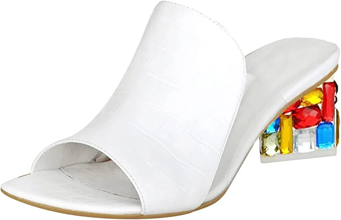 Casual Shoes Women's Gemstone High Heel Sandals Casual Slides Open Toe Open Toe Sandals Summer Shoes (White, 9)