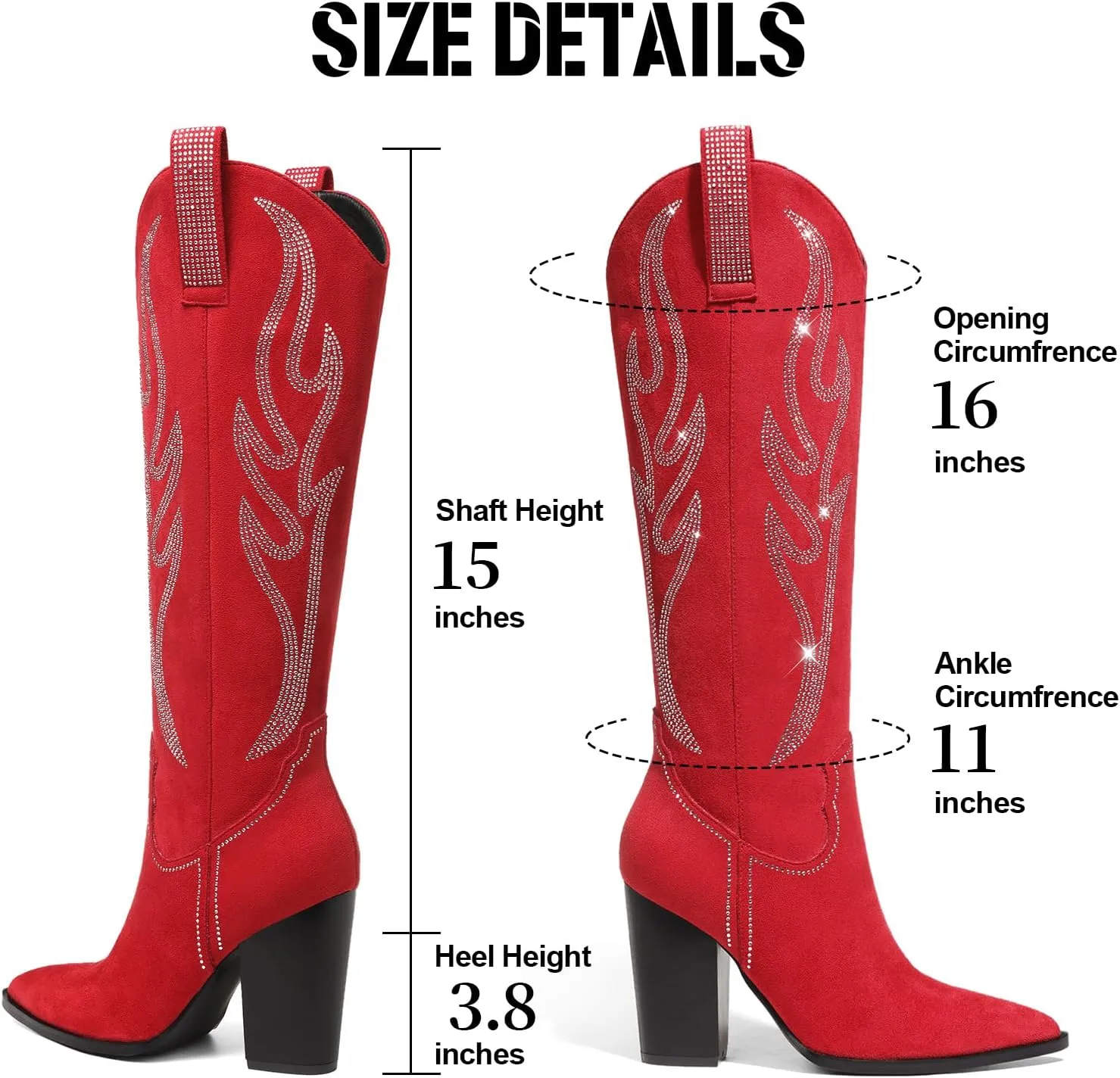 Celbreez Women's Brown Suede Knee-High Western-Fusion Boots with Rhinestones, Embroidered, Pointed Toe, Chunky Heel, Side Zip, Pull-On, Slip Resistant