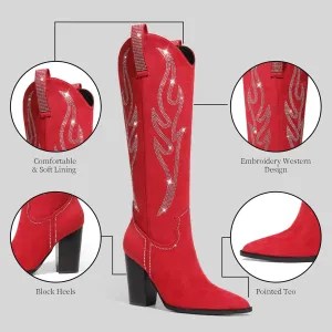 Celbreez Women's Brown Suede Knee-High Western-Fusion Boots with Rhinestones, Embroidered, Pointed Toe, Chunky Heel, Side Zip, Pull-On, Slip Resistant