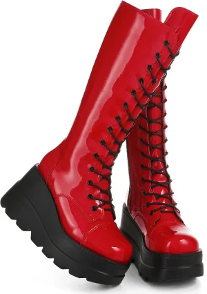 CELNEPHO Womens High Platform Mid Calf Wedges Chunky High Heel Round-Toe Side Zip Punk Combat Boots For Women