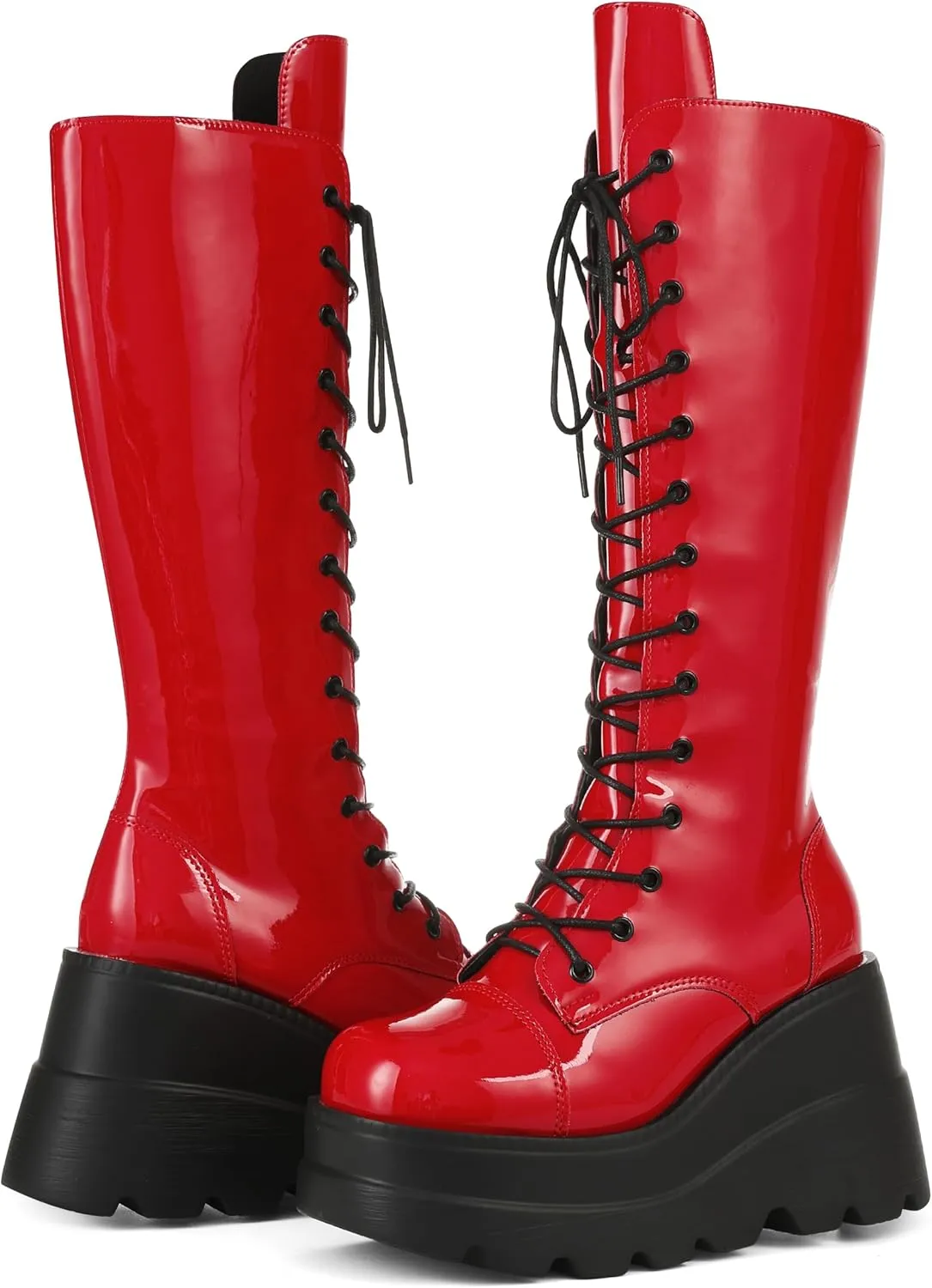 CELNEPHO Womens High Platform Mid Calf Wedges Chunky High Heel Round-Toe Side Zip Punk Combat Boots For Women