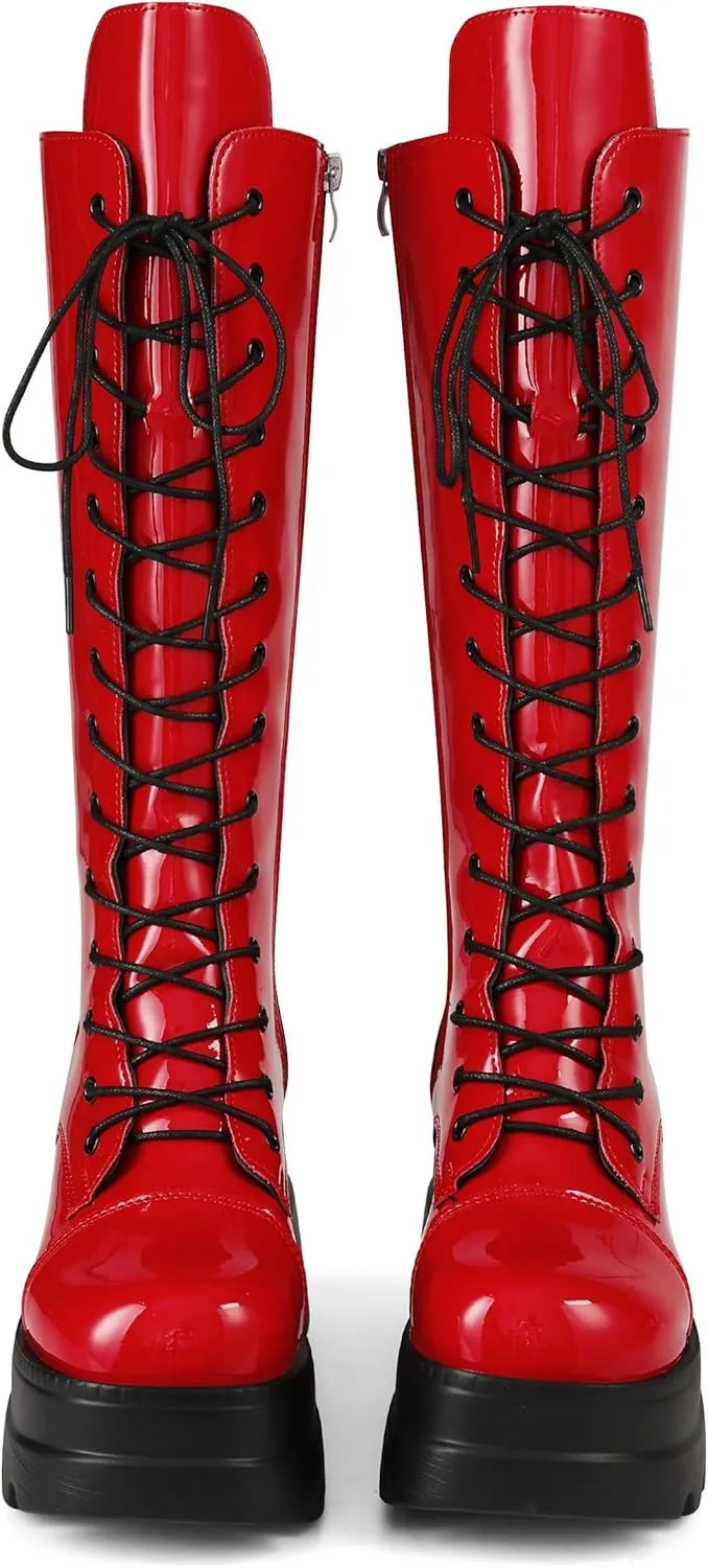 CELNEPHO Womens High Platform Mid Calf Wedges Chunky High Heel Round-Toe Side Zip Punk Combat Boots For Women