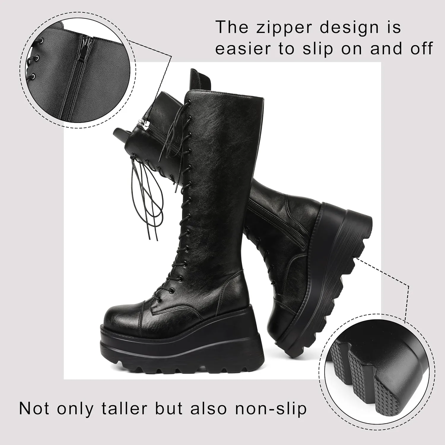 CELNEPHO Womens High Platform Mid Calf Wedges Chunky High Heel Round-Toe Side Zip Punk Combat Boots For Women