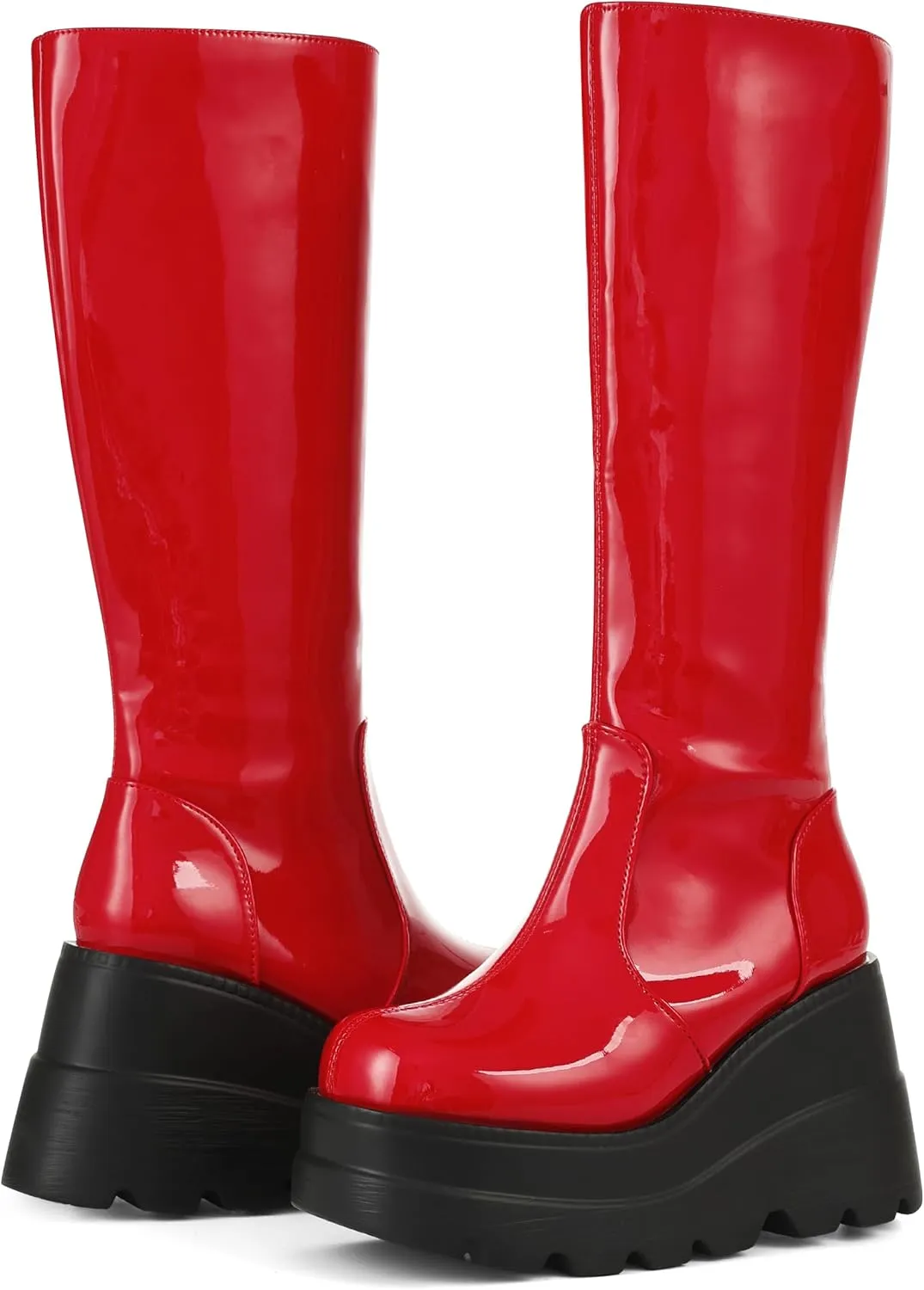 CELNEPHO Womens High Platform Mid Calf Wedges Chunky High Heel Round-Toe Side Zip Punk Combat Boots For Women
