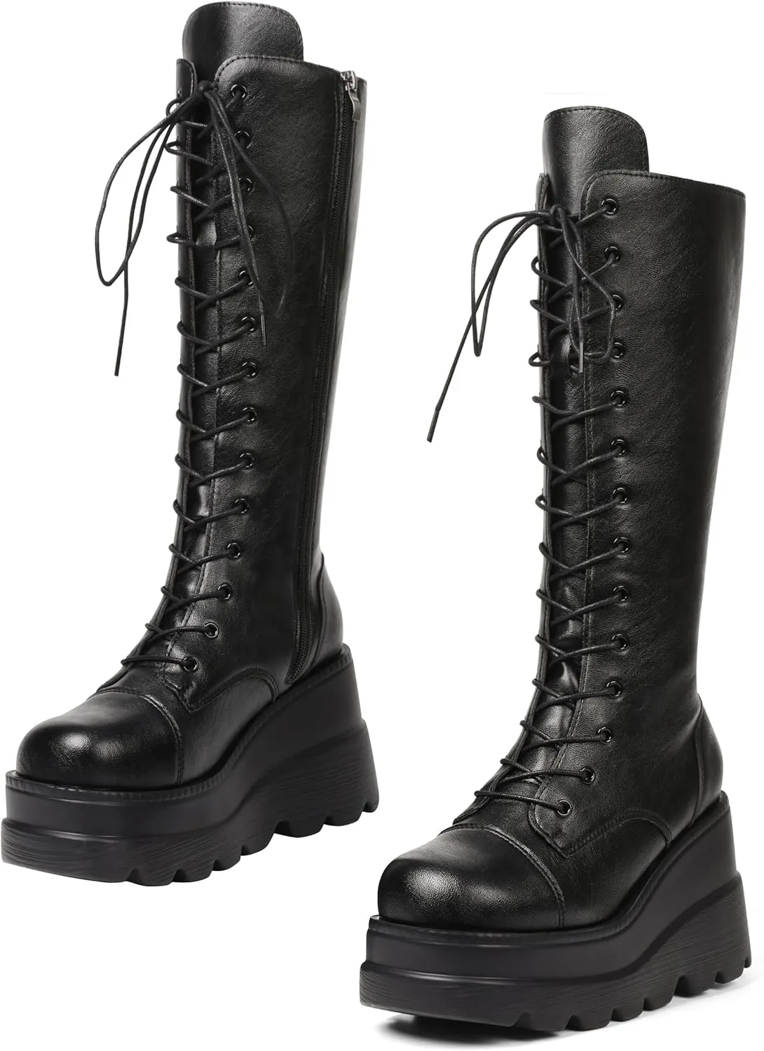 CELNEPHO Womens High Platform Mid Calf Wedges Chunky High Heel Round-Toe Side Zip Punk Combat Boots For Women