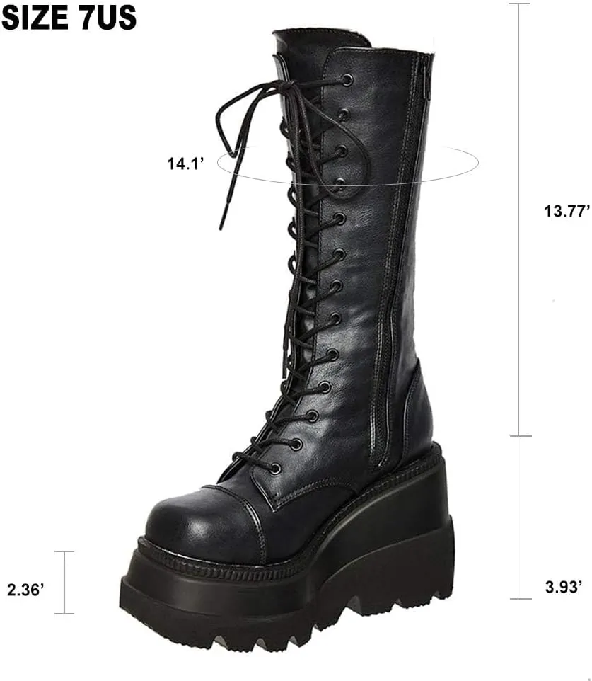 CELNEPHO Womens High Platform Mid Calf Wedges Chunky High Heel Round-Toe Side Zip Punk Combat Boots For Women