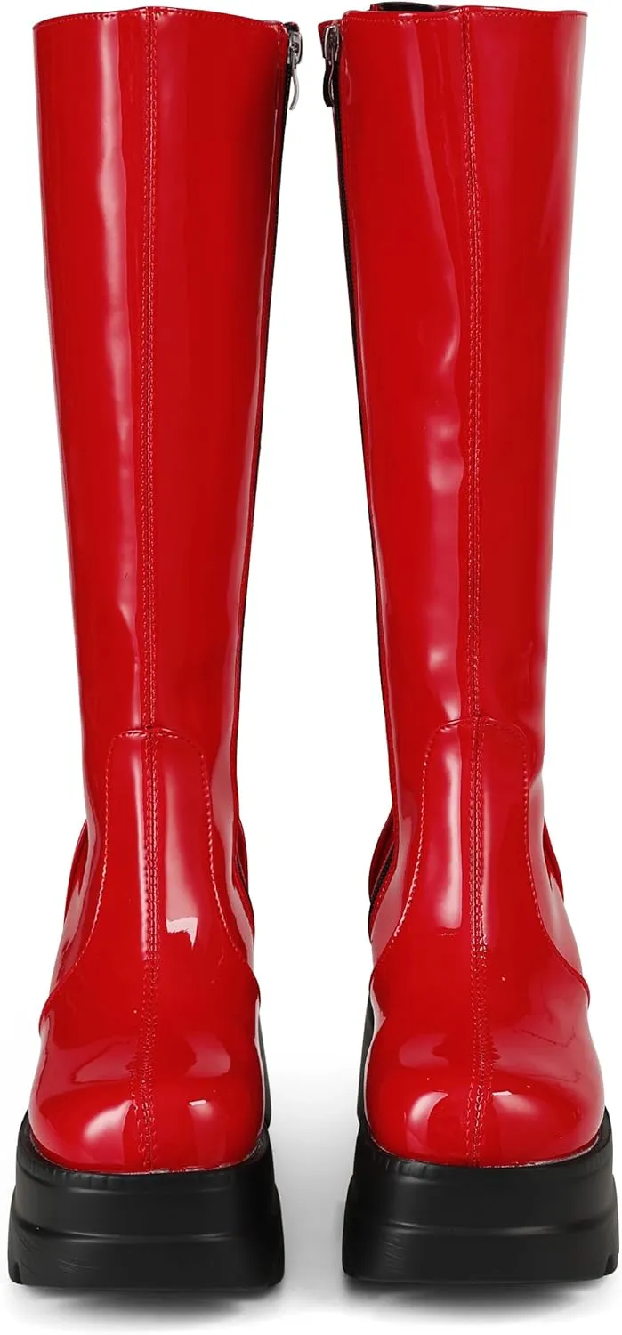 CELNEPHO Womens High Platform Mid Calf Wedges Chunky High Heel Round-Toe Side Zip Punk Combat Boots For Women
