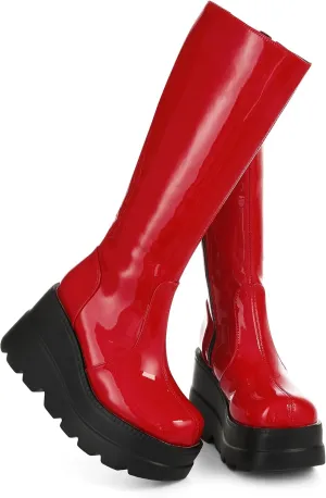 CELNEPHO Womens High Platform Mid Calf Wedges Chunky High Heel Round-Toe Side Zip Punk Combat Boots For Women