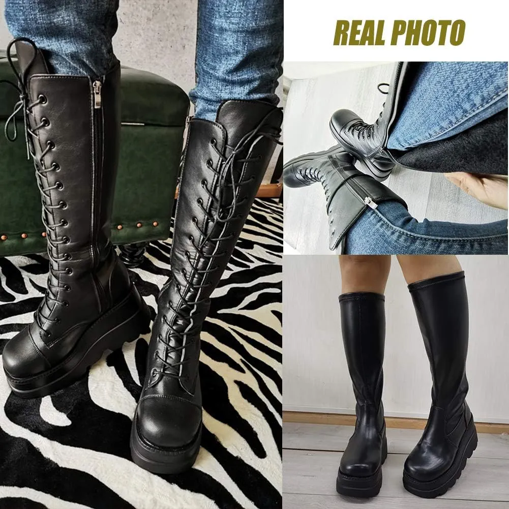 CELNEPHO Womens High Platform Mid Calf Wedges Chunky High Heel Round-Toe Side Zip Punk Combat Boots For Women