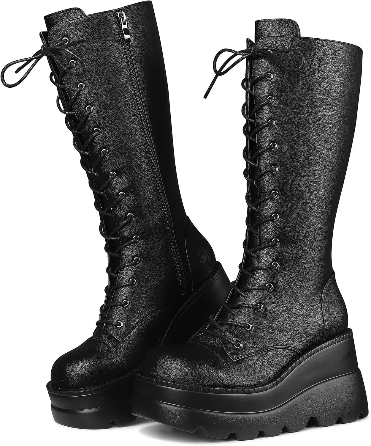 CELNEPHO Womens High Platform Mid Calf Wedges Chunky High Heel Round-Toe Side Zip Punk Combat Boots For Women