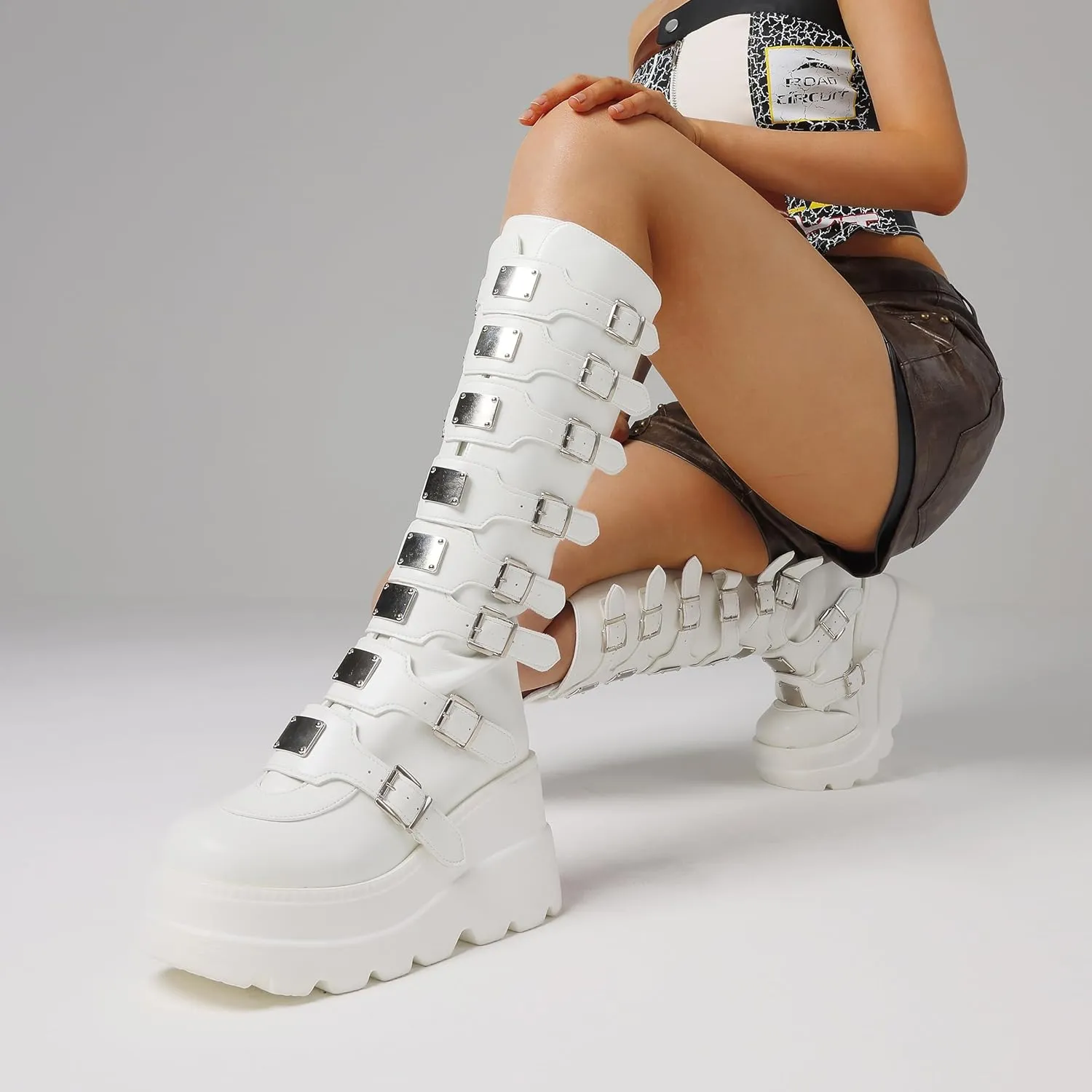 CELNEPHO Womens Wedge Platform Knee High Boots High Heel Round-Toe Zip Punk Goth Mid Calf Combat Boots For Women