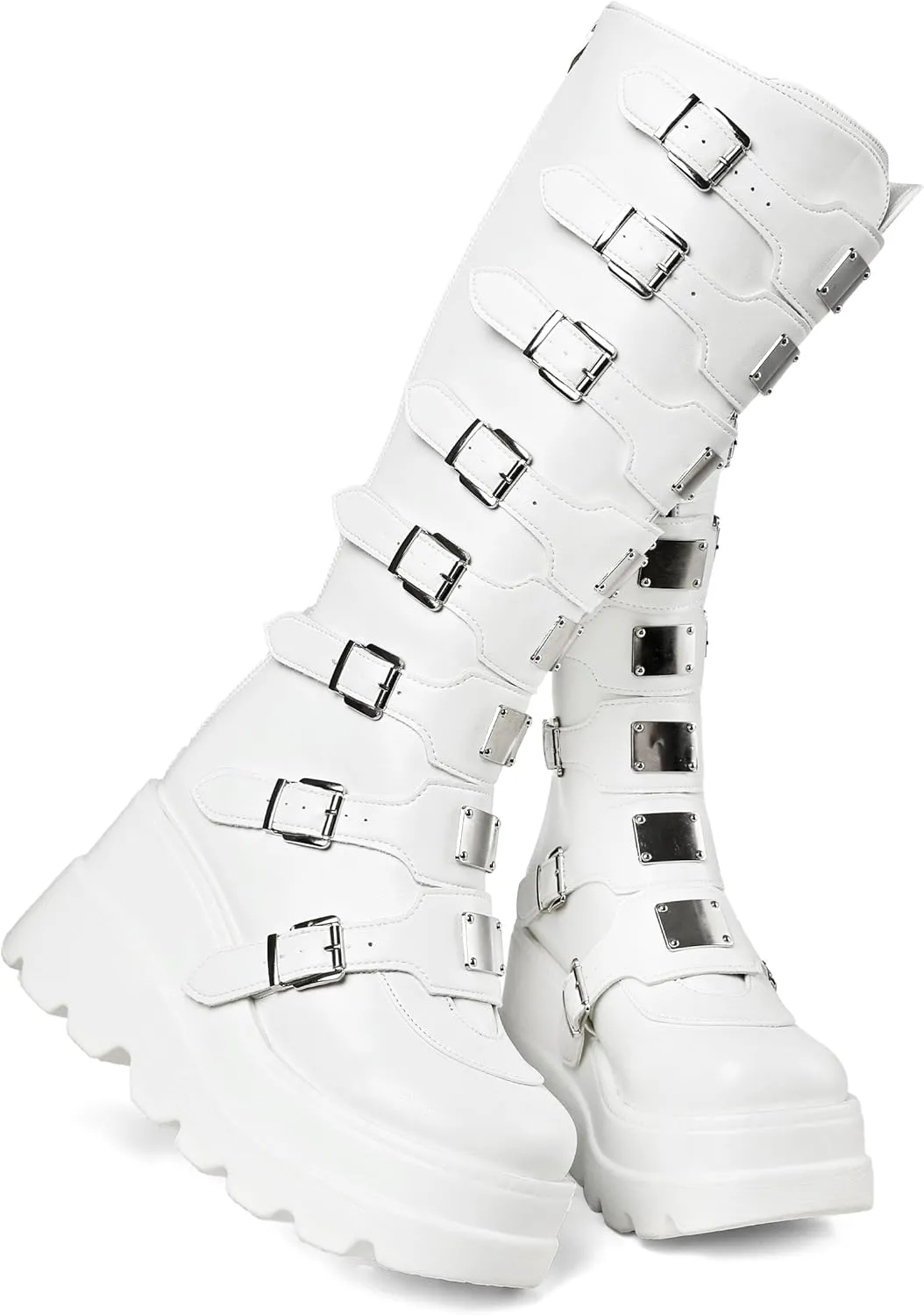 CELNEPHO Womens Wedge Platform Knee High Boots High Heel Round-Toe Zip Punk Goth Mid Calf Combat Boots For Women